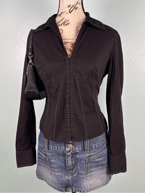 Y2K Vintage Fitted Black Clasp Closure Front Western Cowgirl Top Size Medium